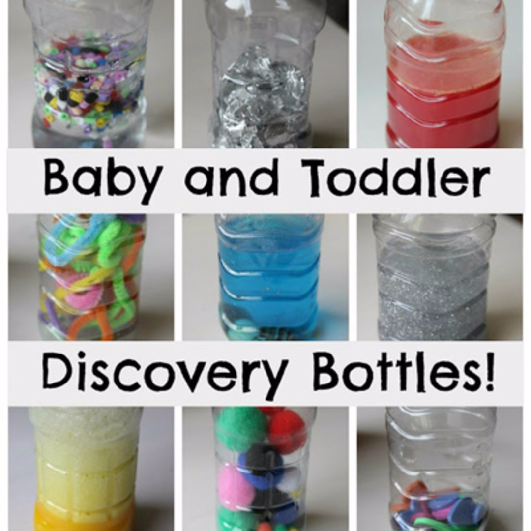 DIY toddler sensory toys ideas: sensory discovery bottles made from empyy water bottles.